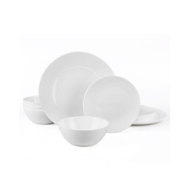 LaGlint Dinnerware Sets for 4, Light & Durable 12 Pieces Opal Glass Plates and Bowls Set, Dishwasher and Microwave Safe Ribbed Dish Dinning Ware, Thin but Strong Geometric Faceted White