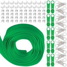 Swpeet 1Roll 10 Yard #5 Green Nylon Zip Tape Zip Strips with 20 Pieces Matched Zipper Sliders Assortment Kit, Replacement Zipper Roll Endless Zip Set with Double Single Slider