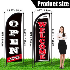Buryeah 2 Sets Now Open Flag Banner for Business Advertising 7 ft Feather Flag Sign with Flagpole Ground Stake Portable Bag(Black)