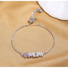 Unbranded Cubic Zirconia MUM" Heart Adjustable Bolo Bracelet in Fine Silver Plated Box PE3