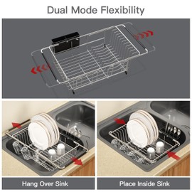 Over the Sink Expandable Dish Drainer Drying Rack In Stainless Steel for Small Kitchen, Counter Space Saving Modern Compact Metal Above Plate Dryer Strainer, Adjustable Hanging Inside Drain Holder