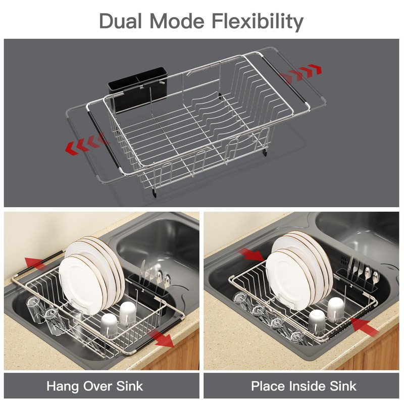 Over the Sink Expandable Dish Drainer Drying Rack In Stainless