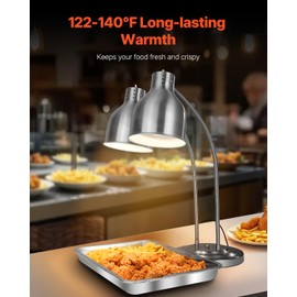 VEVOR Food Heat Lamp, 500W Electric Commercial Food Warmer Light, 2-Head Stainless Steel French Fry Heating Lamp with 3 Bulbs, Catering Food Warming Equipment for Kitchen, Buffet, Restaurant, Silver