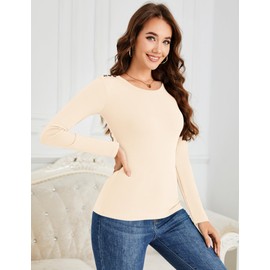 LOMON Tight Long Sleeve Shirts for Women Crew Neck Fitted Tops Thermal Undershirts Layering Tee with Button Decor,Apricot S