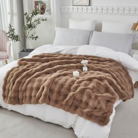 RYNGHIPY Faux Rabbit Fur Throw Blanket Ruched Plush Fuzzy Blanket for Couch Bed Sofa Heavy Warm Comfy Throws for Living Room Bedroom Machine Washable (Solid Brown, 63''x79'')
