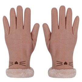 Women Soft Suede Cold Weather Gloves Cute Cat Fleece Lined Winter Thermal Mittens with Faux Fur Cuff (Pink)