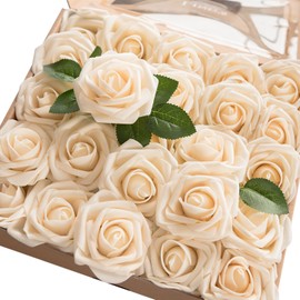 Ling's moment Artificial Flowers 25pcs Real Looking Cream Fake Roses w/Stem for DIY Wedding Bouquets Centerpieces Bridal Shower Party Home Decorations