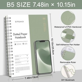 EMSHOI Spiral Notebook B5 Bullet Dotted Journal, Dotted Grid Notebook with 300 Pages, 100gsm Thick Paper, 7.48" × 10.15", Waterproof Softcover Notebook for School Work Writing - Light Green