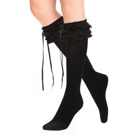 Violet Mist Lace Ruffle Knee High Socks for Women Girls Black Bow Tie Frilly Trim Cotton Stockings Cute Kawaii Lovely Fancy Dress Lolita Goth High Tube Socks, Black and Bow Tie