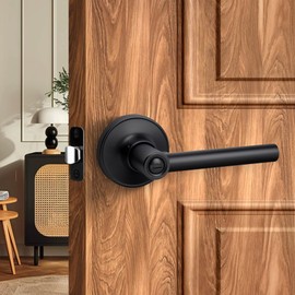 LOQRON Round Style Door Handle with Privacy Locking, Privacy Reversible Door Lever for Bathroom or Bedroom Door, Matte Black Finish
