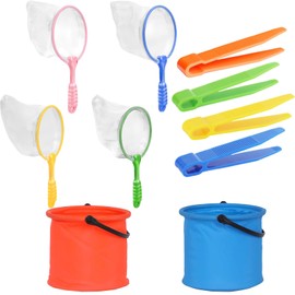 Crabbing Kit for Kids, 4 Fishing Nets and 2 Foldable Buckets with 4 Clips, Outdoor Exploration Set for Beach, Pond and Backyard Adventures, Early Learning Tool for Children 3-10 Years Old