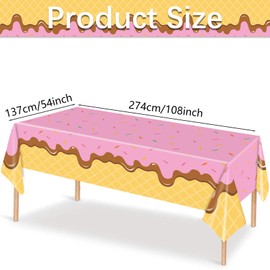 3 Pieces 54x108 Inch Ice Cream Cone Rectangle Plastic Tablecloth, Disposable Dessert Theme Table Cover in Pink, Purple, and Blue with Chocolate Design for Birthday, Summer, Sweet Shop Decorations