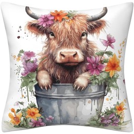 ZFENGYYUAN Highland Cow Gifts Cushion Covers 45 x 45 cm Baby Flowers Two Sides Pillow case Home Decor Sofa Bed