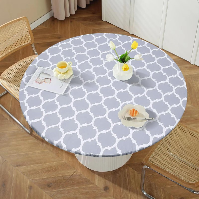 Yeqqzq Round Fitted Vinyl Tablecloth with Elastic Edged, Flannel Backing,
