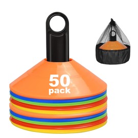 Disc Cones, 50Pack Agility Soccer Cones with Mesh Bag and Holder, Soccer Cones for Sports Training, Football, Soccer, Basketball, Coaching, Practice Equipment, Includes Cone Drills Guide,5 Color