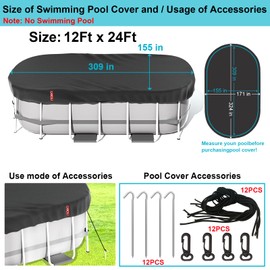 LXKCKJ Rectangular Pool Cover for Above Ground Pools, Solar Oval Pool Covers for Rectangular Frame Pools, Heavy Duty Winter Cover Ideal for Waterproof (12x24 FT, Black)
