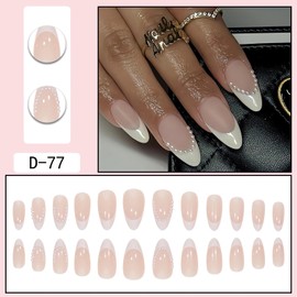 LPOODDNU White French Tip Press on Nails Almond Shape Fake Nails White Pearl Medium False Nails Acrylic Artificial Nails Simple Glue on Nails Finger Decorations for Women 24Pcs