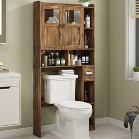 Vabches Over The Toilet Storage Cabinet, Bathroom Shelf Over Toilet with Glass Doors and Adjustable Shelves, Grey Freestanding Home Space Save Toilet Rack, for Restroom, Bathroom, Laundry - Color: Brown