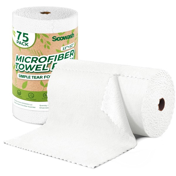 SOOWASH Microfiber Cleaning Cloths Roll, 75 Pack Tear Away Microfiber