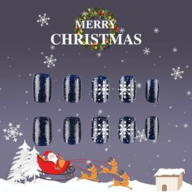 Vokupoga Christmas Press on Nails Short Square Fake Nails Black False Nails with Snowflake Designs Glitter Artificial Nails Christmas Glue on Nails Cute Xmas Stick on Nails for Women 24Pcs