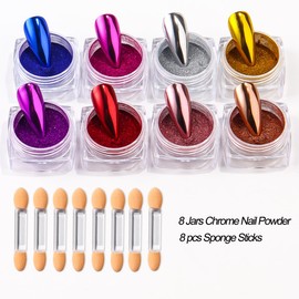SUTOZMIWE 8 Jars Chrome Nail Powder Metallic Mirror Effect Pigment Holographic Dip Nail Powder for Resin Craft & Gel Polish Nail Art Decoration Fine Glitter Dust Kit for Home DIY Salon Use