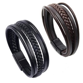 CAILI Mens Bracelets,Hand-woven Multi-layer Men's Leather Bracelet，Creative Ethnic Style Simple Bracelet,Great Gift idea for Boyfriend, Father,Best Man,Husband(2 Pcs,Black,Brown)