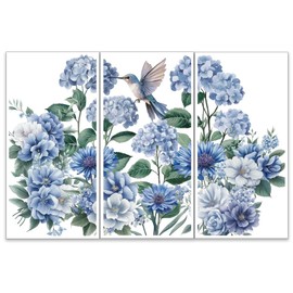 OLYCRAFT 3 Pieces/Set Blue Flowers for Rubbing Transfers for Furniture and Crafts 15 x 30 cm Hydrangea Hummingbird Chrysanthemums Transfer Stickers for Rubbing Decals