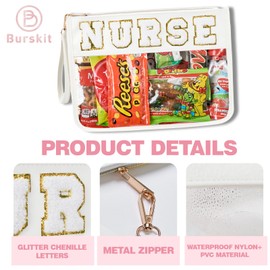Nurse Bag, Nurse Accessories for Work, Clear Cosmetic Travel Bag, Nurse Gifts, Toiletry Pouch, Clear Zipper Pouch for Travel, Chenille Varsity Letter Zipper Pouch (White-Nurse)