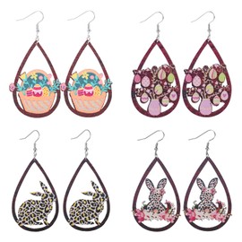 4 Pairs Easter Wooden Earrings, Stylish Colorful Wooden Easter Bunny Egg Dangle Drop Earrings for Women Spring Theme Jewelry Perfect Women Gifts and Decoration Supplies