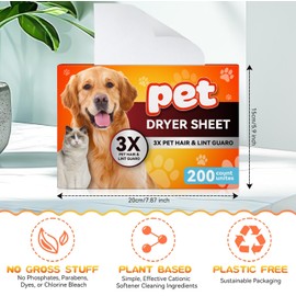 Heigble Pet Hair Remover for Laundry, Lint Dryer Sheets, 3 X Pet Hair Fighters, Reduces Static, Adds Softness(Unscented,200 Count)