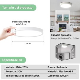 Lamparas de Techo para Interior de Casas Redonda 30W 6500K,CANMEIJIA Lampara Plafon de Techo Súper Brillante,Lampara de Techo LED para Salas Modernas,Cocina,Recamara,Pasillo,Dormitorio,Ø300mm 3000Lm