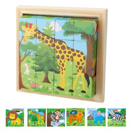 KQDRAVINE Wooden Cube Puzzle, Wooden Puzzle 3D, Cube Puzzle Games 6 in 1 Animal Motifs for Children, Montessori Toy, Learning Educational Wooden Puzzle Toy, Wooden Toy from 3 4 5 Years