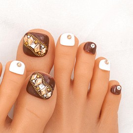 Sethexy Short False Toenails Handmade Rhinestone Wedding Full Cover Press On Toenails Luxury Crystal Fake Toe Nails Acrylic Artificial Stick On Foot Nails for Women and Girls 10Pcs (9, L)