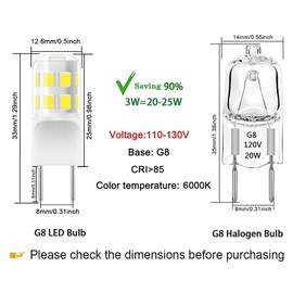 G8 LED Bulb Dimmable, 3W (20W-25W Halogen Equivalent), G8 GY8.6 Bi-Pin Base, T4 JCD Type 120V Mini G8 Bulb for Under Cabinet Puck Light, Under Counter Kitchen Lighting, Daylight White 6000K, 6 Pack