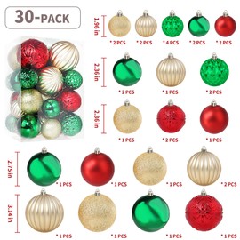 Annecy Christmas Tree Ornaments - 30 PCS Shatterproof Plastic Christmas Ball Ornaments Set for Xmas Tree, Holiday, Wreath & Party Decorations (Multi-Size, Red, Green, Gold)