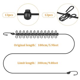 Travel Clothesline,2 Pack Black Windproof Portable Clothesline,Camping Clothing line with 24 Clothes Clips, for Indoor Laundry Drying line,Outdoor Camping Accessories.