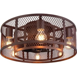 Ohniyou Cage 21 Inch Farmhouse Low Profile Ceiling Fan with Light Remote Control, Flush Mount Bladeless Ceiling Fan Lighting Fixture for Bedroom Living Room Kitchen Brown