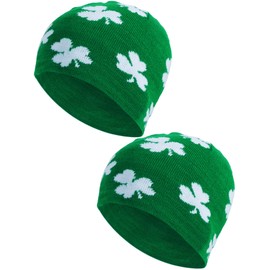 Zhanmai 2 Pieces St. Patrick's Day Shamrock Beanie Hat Green Clover Ski Cap for Costume Accessory