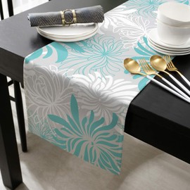 PIEPLE Aqua Chrysanthemum Flowers Table Runner-Cotton Linen-Long 13x90inches Dresser Scarves,Floral Grey Tablerunner for Kitchen Coffee/Dining/End Table Bedroom Living Room,Scarf Decor for Holiday
