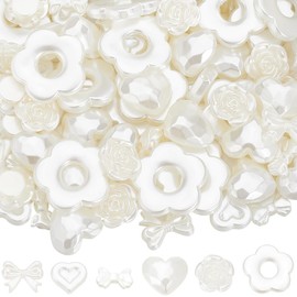 SUNNYCLUE 1 Box 120Pcs 6 Styles Assorted White Beads Pearl Bead Bow Charms Bulk camellias Flower Heart Bow Bead for Jewellery Making DIY Crafting Bracelets Necklaces Phone Decoration Holidays Women