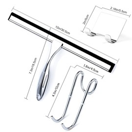 Shower Squeegee, 12 Inch Bathroom Squeegee with Spare Silicone Blade, Shower Door Hook and Adhesive Hook Glass, Stainless Steel Squeegee for Shower Glass Window Bathroom Mirror(12in-Silver-Pack of 1)