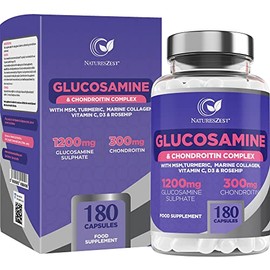 Glucosamine and Chondroitin High Strength Capsules - Glucosamine Complex with MSM â 180 Glucosamine Capsules - with Vitamin C, Rosehip, Turmeric Curcumin & Marine Collagen â UK Made by Natures Zest