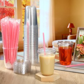 Ziliny 50 Sets 16 oz Clear Plastic Cups with Heart Shaped Pink Straws and Strawless Lids Disposable Clear PET Cups for Iced Coffee Cold Beverage Party Wedding Bridal Shower(Transparent)