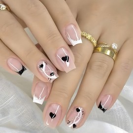 Square Press on Nails Short Fake Nails with Heart Glitter Lines Design False Nails Black White French Tip Nails Press ons Glossy Acrylic Glue on Nails for Girls 24Pcs