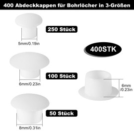 VEPEPE Pack of 500 Cover Caps for Drill Holes & Screws Set, 5 & 6 & 8 & 10 & 12 mm Drill Hole Cover Caps, Blind Plugs, White, Furniture Hole Cover for Drills, Cover Plugs, Hole Caps Screws (400)