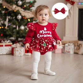 Kavousa Newborn Baby Girl Christmas Outfit Long Sleeve Ruffle Romper Jumpsuit with Headband Cute Infant Girl Clothes (Merry Christmas Red, 0-3 Months)