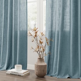 BOODII Blue Semi Sheer Textured Linen Curtains 108 Inches Length Long, 2 Panels Set for Bedroom Dining Living Room,Back Tab,Rod Pocket,Clip Rings Light Filtering Window Drapes,W52 x L108