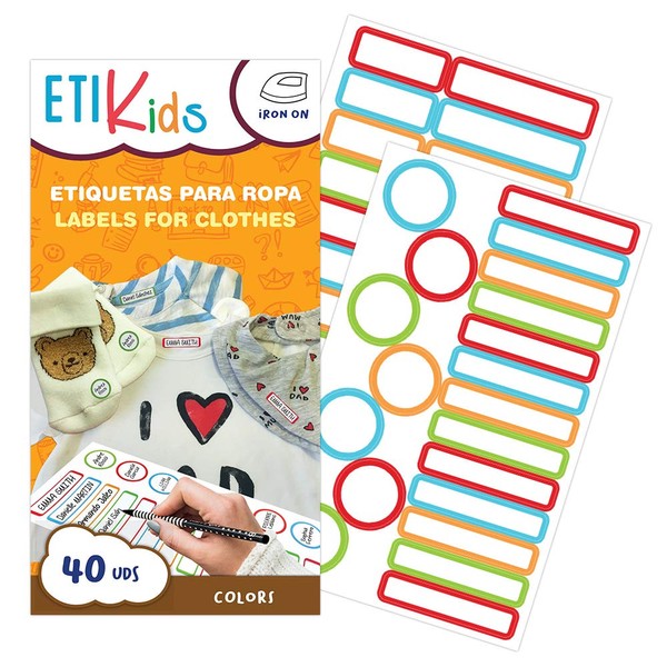 40 Iron-On Clothes Labels for Iron, Various Sizes and Colours, for Marking Clothes, Children's Clothes at School and Kindergarten (Colour)