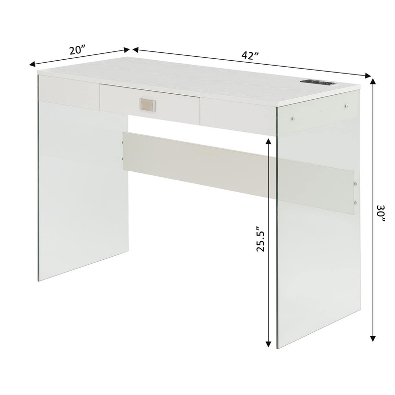 Convenience Concepts SoHo Glass Desk with Charging Station, 42", White