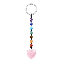 CrystalTears Heart Keyring 7 Chakra Beads Pendant Key Ring Gemstone Bag Pendant Talisman Spiritual Gifts, rose quartz